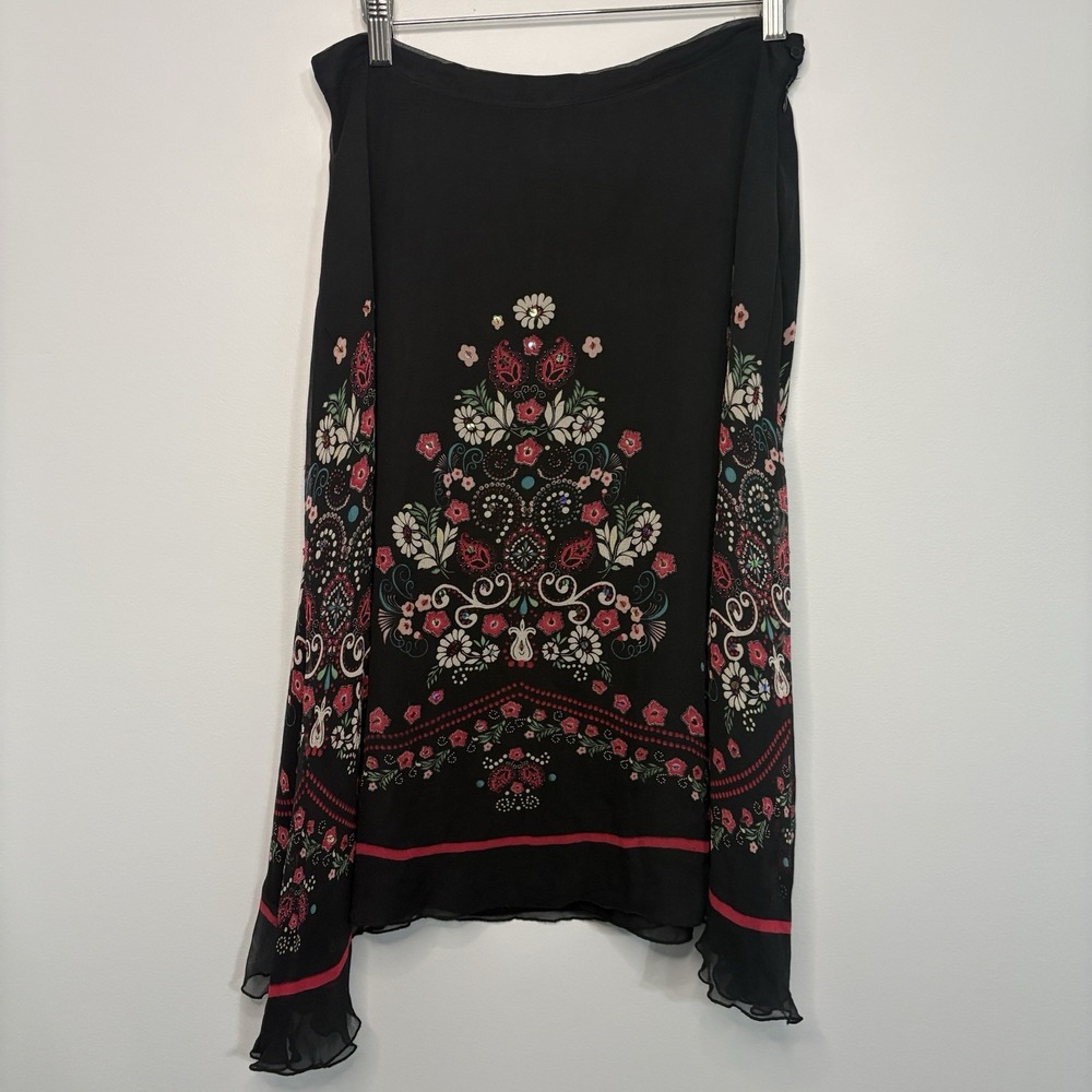 VTG New York City Design Co 100% Silk Skirt Y2K Black Semisheer Floral Midi 10